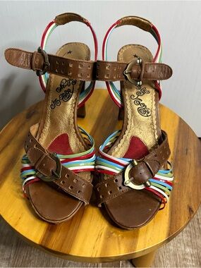 Naughty Monkey Multi-Color Brown Leather Strap Women's Heels Size 8.5 boho